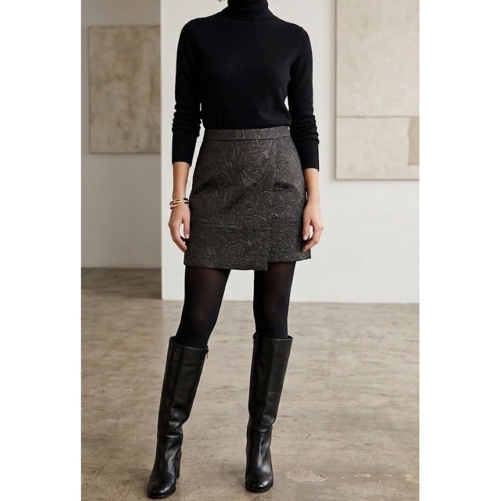 J.Crew Black Paisley Jacquard Wrap Mini Skirt Womens Size 4 NWT C9109